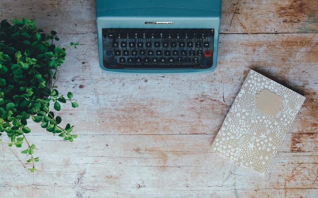 vintage, typewriter, plant, book, notebook, notepad, table top, nature, retro, vintage typewriter