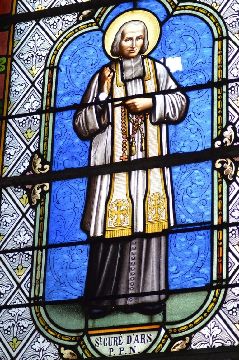 stained glass, colorful, blue, chapel, window, holy, parish priest, ars, stole, halo, cassock, priest, jean-marie vianney, priest, priest, priest, priest, priest