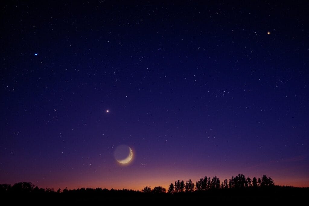 heaven, nature, stars, moon, venus, universe, night, night sky, trees