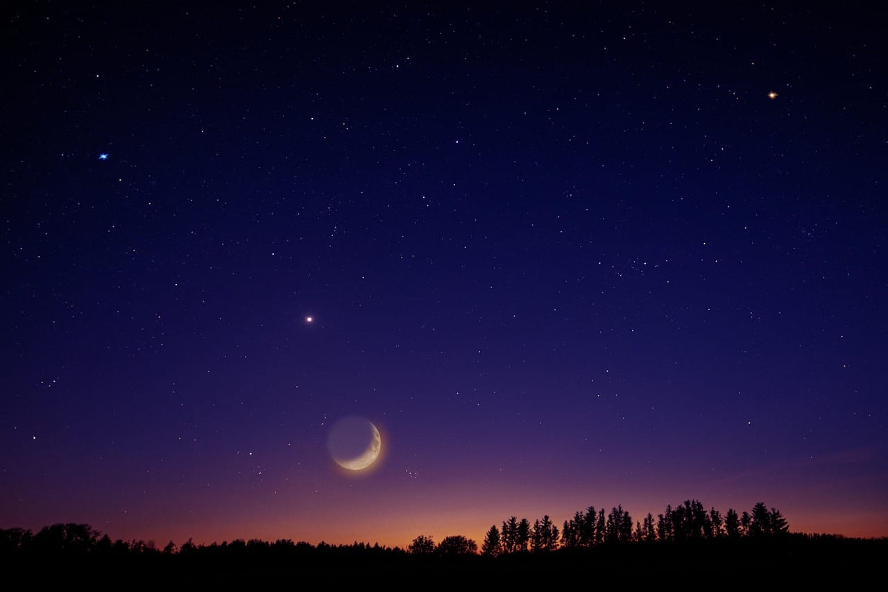 heaven, nature, stars, moon, venus, universe, night, night sky, trees
